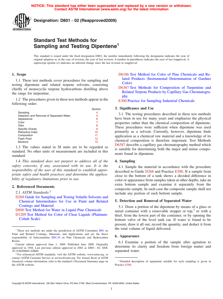 ASTM D801-02(2009) - Standard Test Methods for Sampling and Testing Dipentene