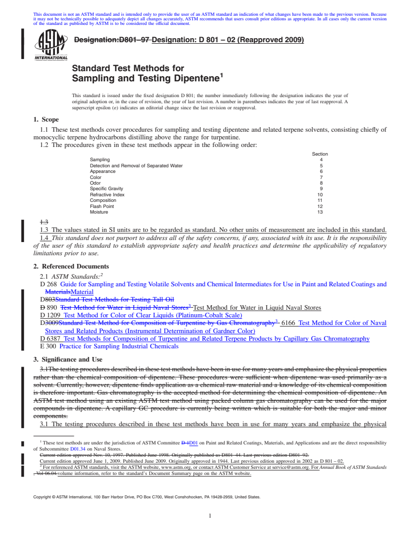 REDLINE ASTM D801-02(2009) - Standard Test Methods for Sampling and Testing Dipentene