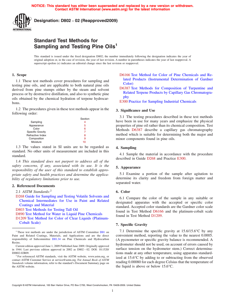 ASTM D802-02(2009) - Standard Test Methods for Sampling and Testing Pine Oils