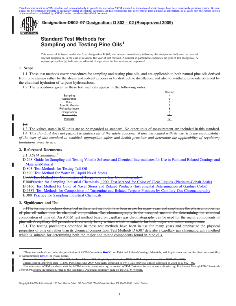 REDLINE ASTM D802-02(2009) - Standard Test Methods for Sampling and Testing Pine Oils