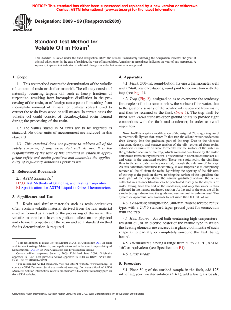 ASTM D889-99(2009) - Standard Test Method for Volatile Oil in Rosin