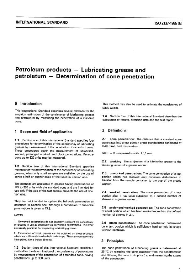 ISO 2137:1985 - Petroleum products -- Lubricating grease and petrolatum -- Determination of cone penetration