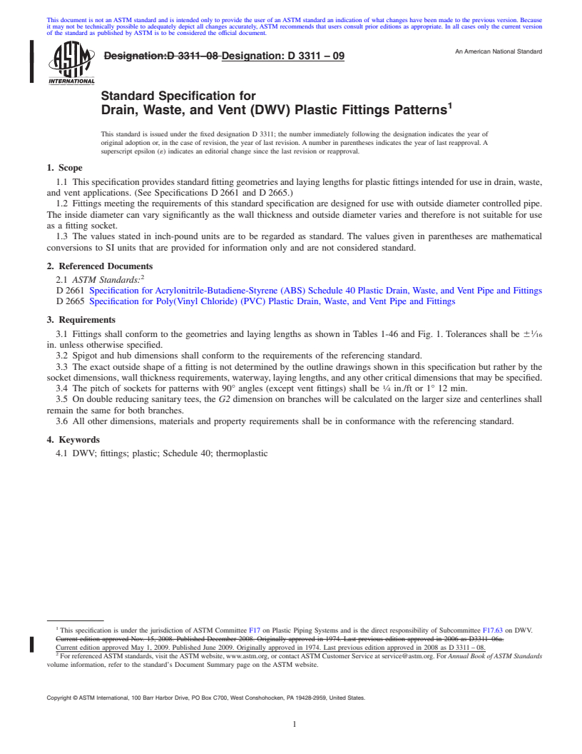 REDLINE ASTM D3311-09 - Standard Specification for Drain, Waste, and Vent (DWV) Plastic Fittings Patterns