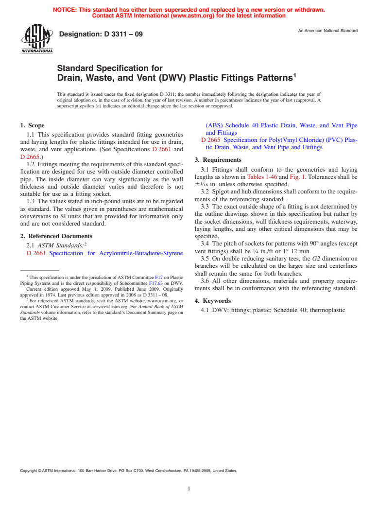 ASTM D3311-09 - Standard Specification for Drain, Waste, and Vent (DWV) Plastic Fittings Patterns