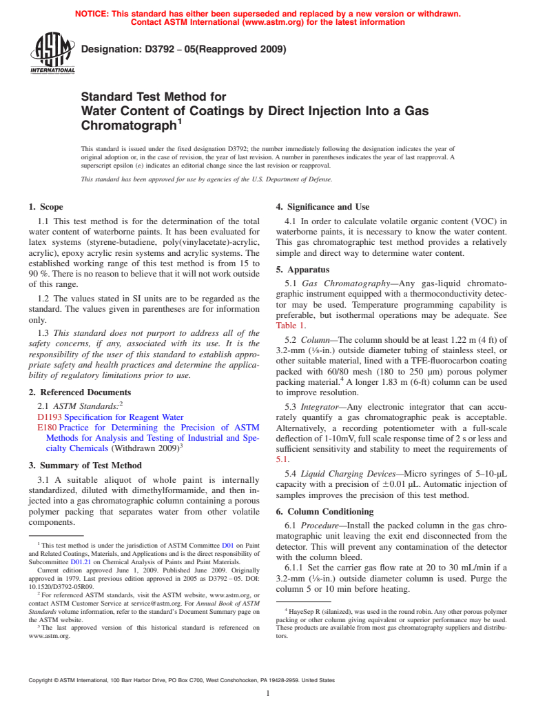 ASTM D3792-05(2009) - Standard Test Method for Water Content of Coatings by Direct Injection Into a Gas Chromatograph