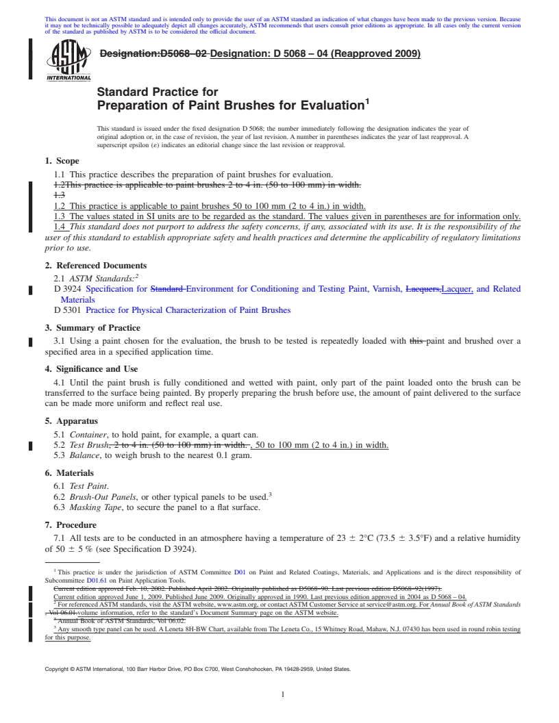 REDLINE ASTM D5068-04(2009) - Standard Practice for Preparation of Paint Brushes for Evaluation