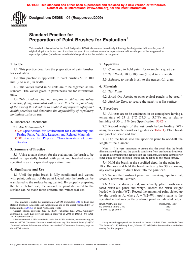 ASTM D5068-04(2009) - Standard Practice for Preparation of Paint Brushes for Evaluation