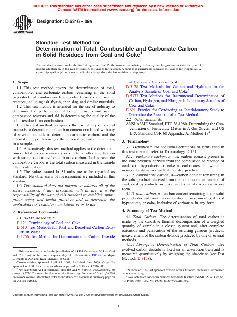 ASTM D6316-09a - Standard Test Method for Determination of Total, Combustible and Carbonate Carbon in Solid Residues from Coal and Coke