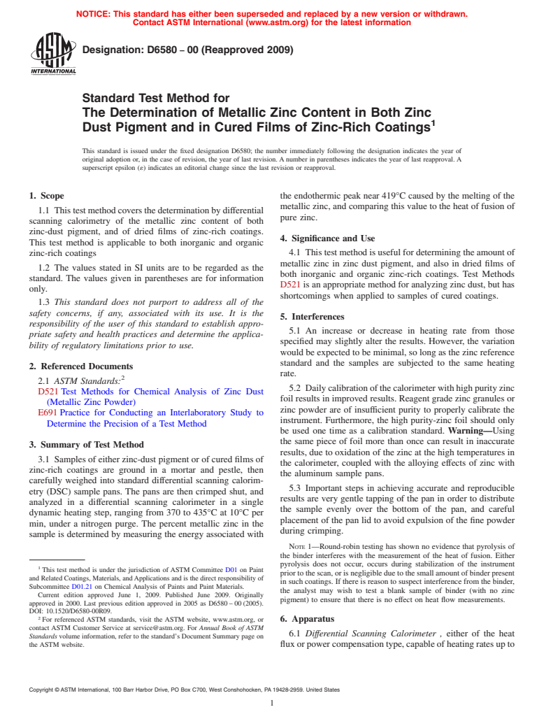 ASTM D6580-00(2009) - Standard Test Method for the Determination of Metallic Zinc Content in Both Zinc Dust Pigment and in Cured Films of Zinc-Rich Coatings