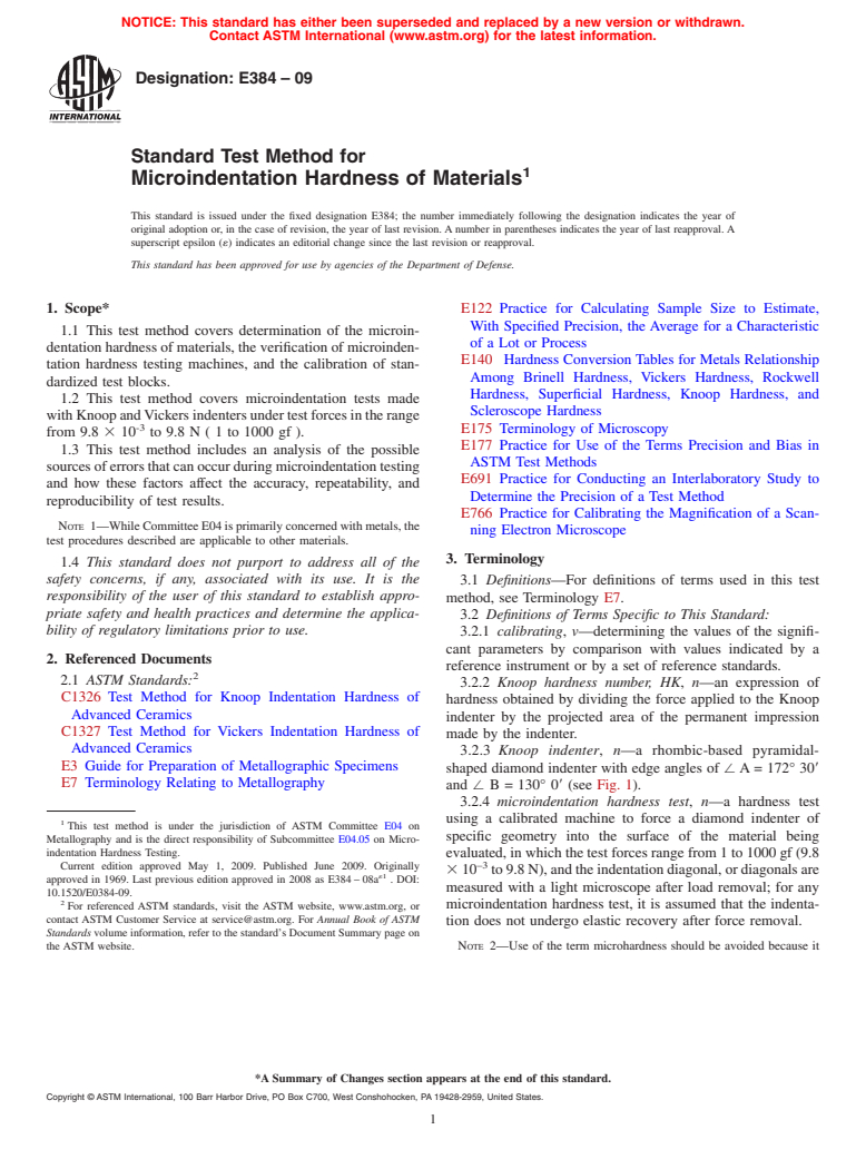 ASTM E384-09 - Standard Test Method for Microindentation Hardness of Materials