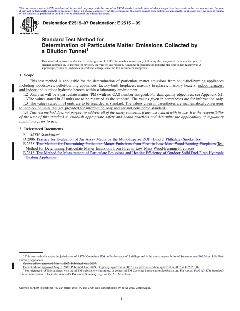 REDLINE ASTM E2515-09 - Standard Test Method for Determination of Particulate Matter Emissions Collected by a Dilution tunnel