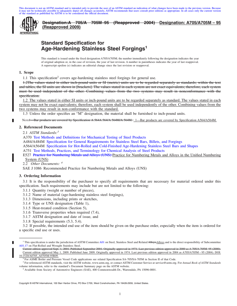 REDLINE ASTM A705/A705M-95(2009) - Standard Specification for Age-Hardening Stainless Steel Forgings