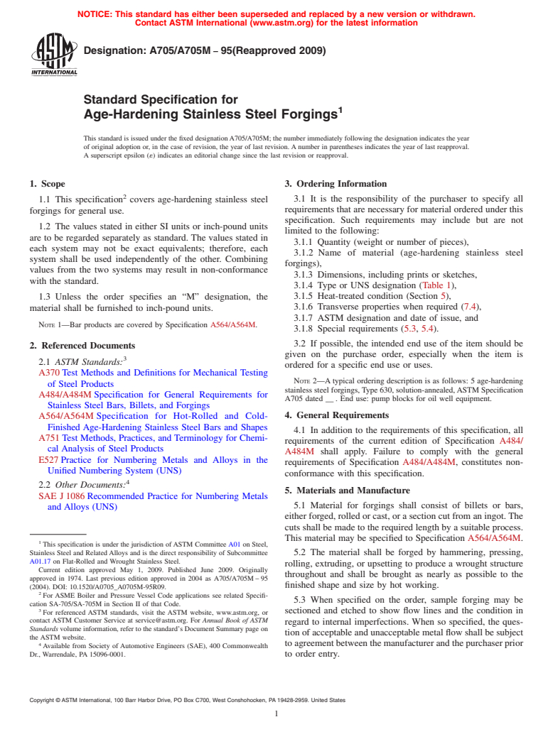 ASTM A705/A705M-95(2009) - Standard Specification for Age-Hardening Stainless Steel Forgings