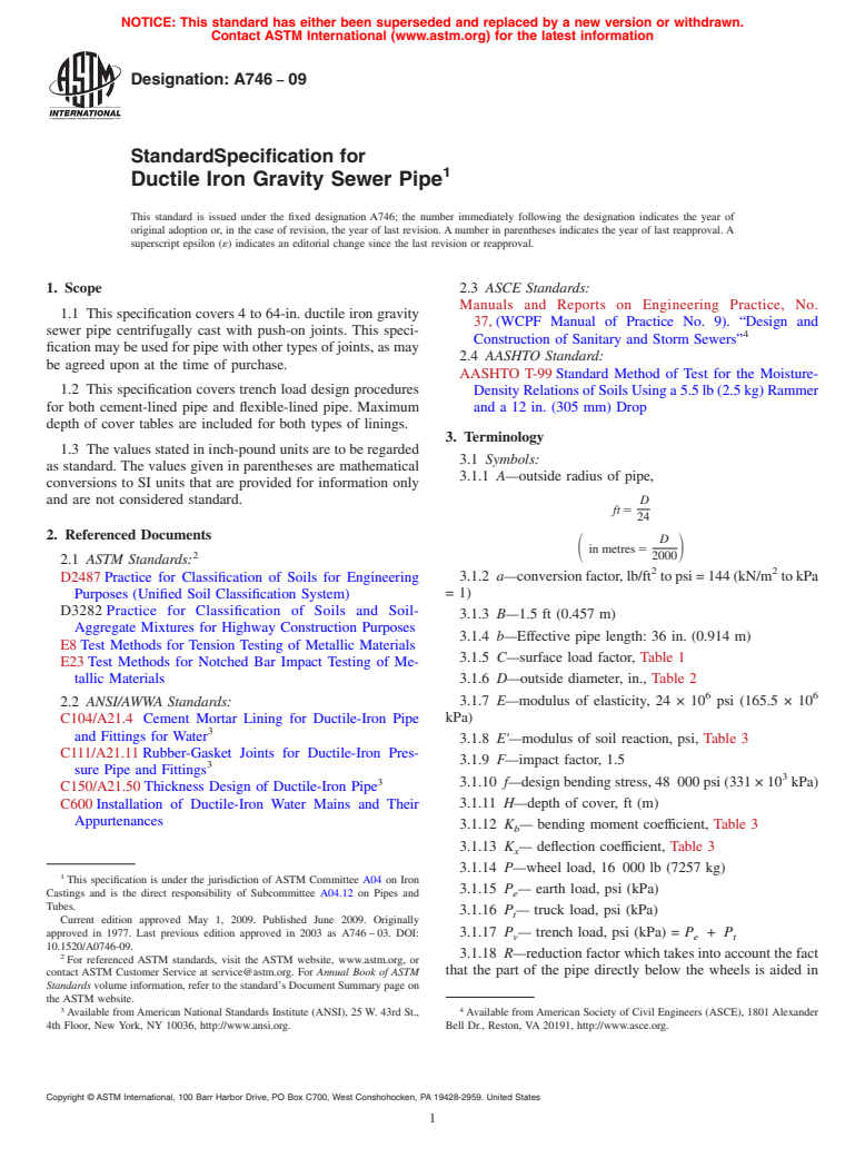 ASTM A746-09 - Standard Specification for Ductile Iron Gravity Sewer Pipe