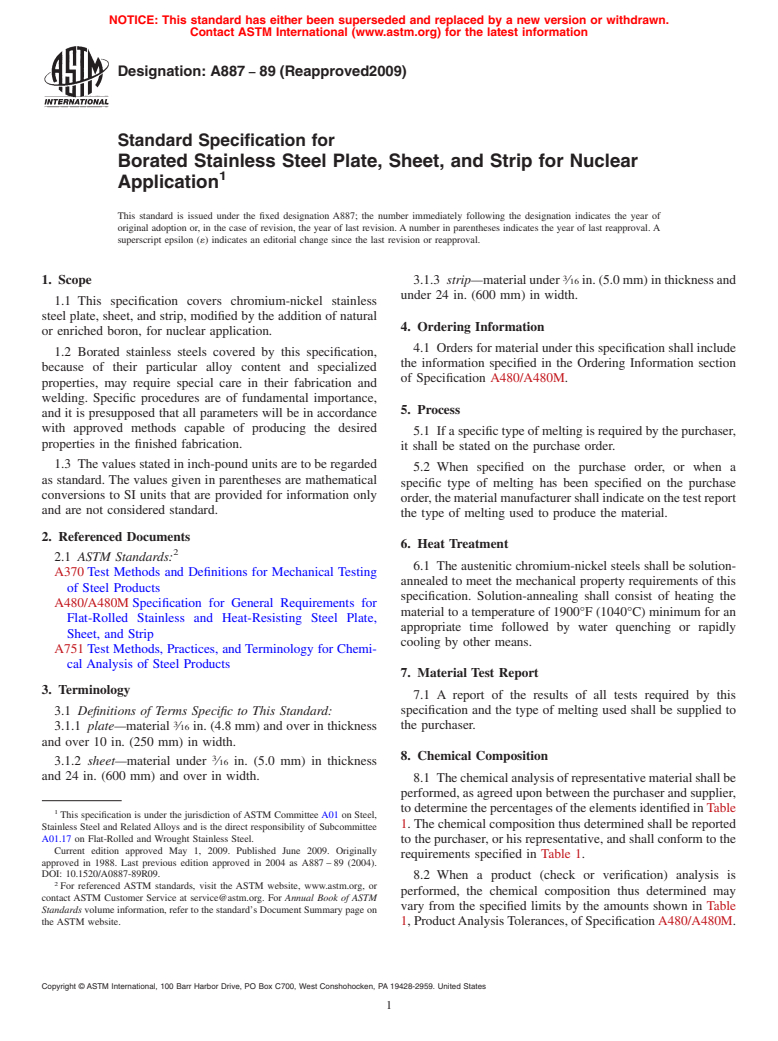 ASTM A887-89(2009) - Standard Specification for Borated Stainless Steel Plate, Sheet, and Strip for Nuclear Application