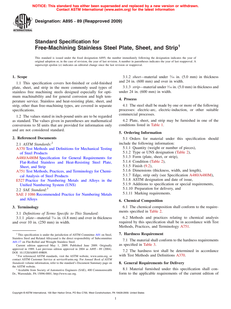 ASTM A895-89(2009) - Standard Specification for Free-Machining Stainless Steel Plate, Sheet, and Strip