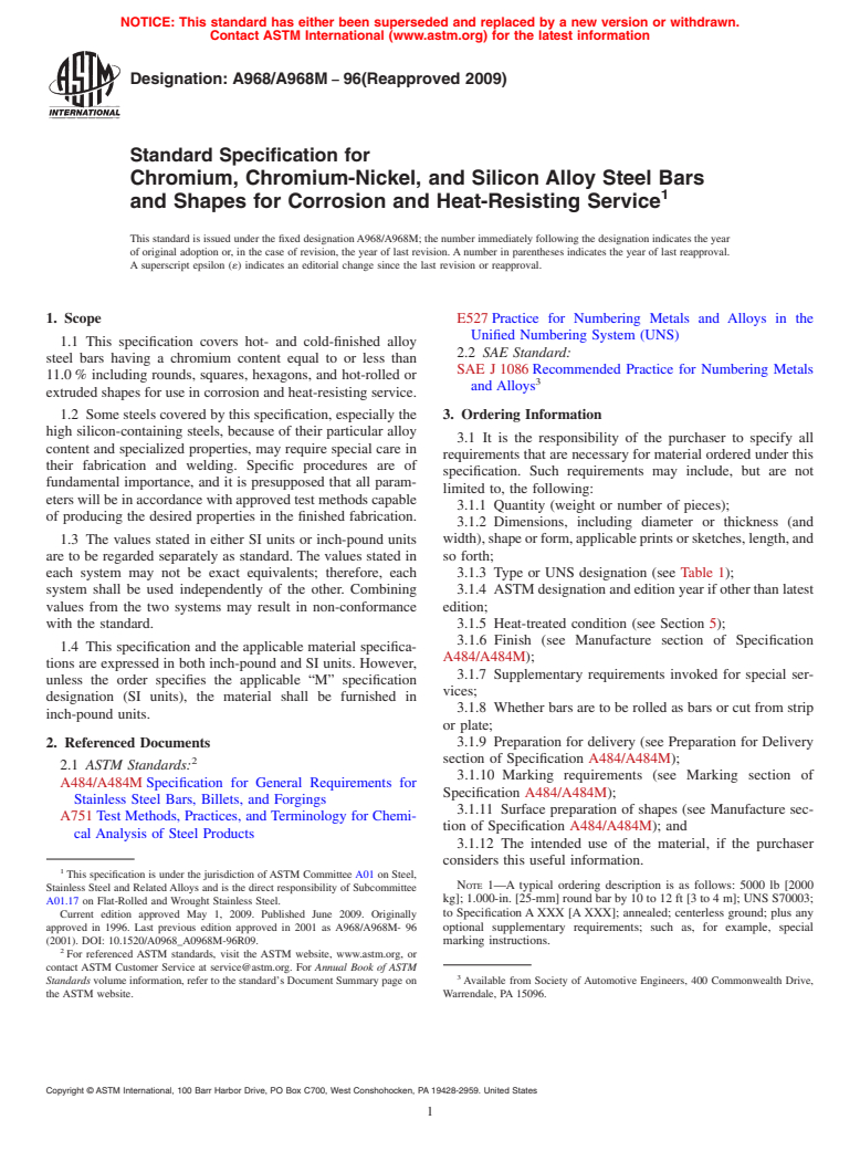 ASTM A968/A968M-96(2009) - Standard Specification for Chromium, Chromium-Nickel, and Silicon Alloy Steel Bars and Shapes for Corrosion and Heat-Resisting Service