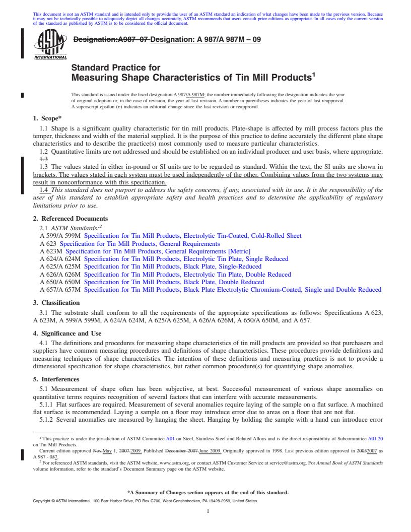 REDLINE ASTM A987/A987M-09 - Standard Practice for Measuring Shape Characteristics of Tin Mill Products