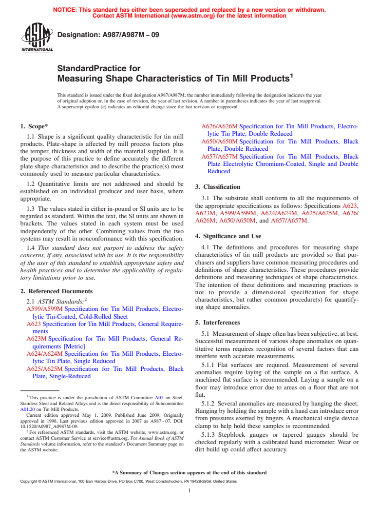 ASTM A987/A987M-09 - Standard Practice for Measuring Shape Characteristics of Tin Mill Products