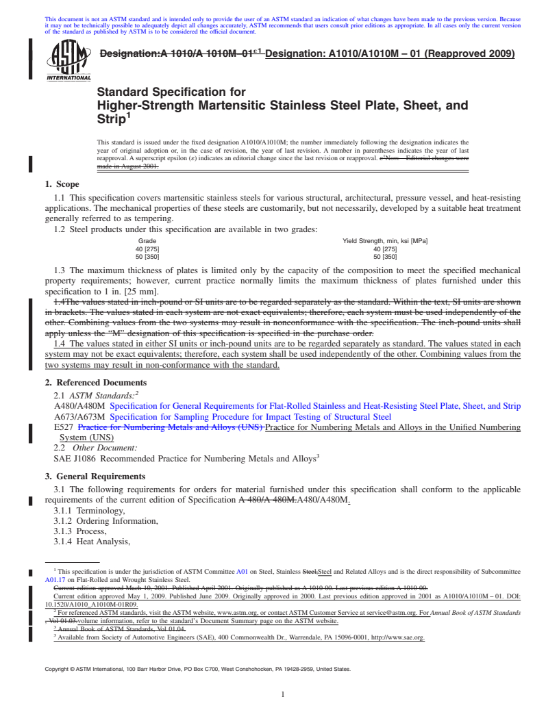 REDLINE ASTM A1010/A1010M-01(2009) - Standard Specification for Higher-Strength Martensitic Stainless Steel Plate, Sheet , and Strip