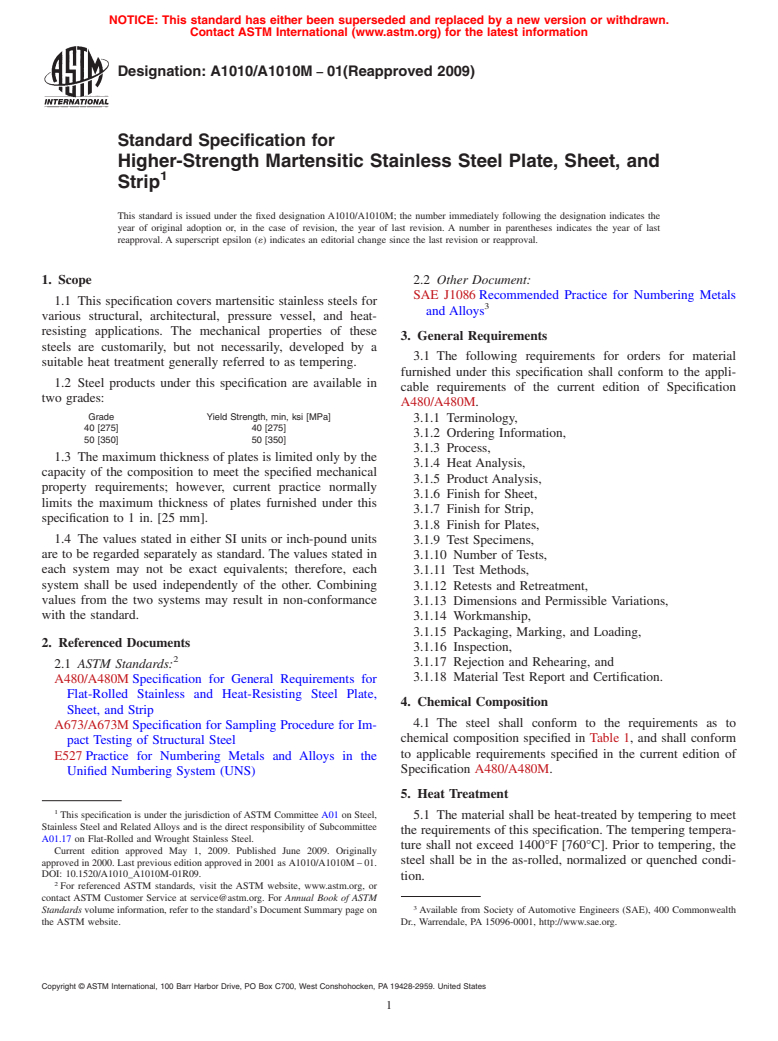 ASTM A1010/A1010M-01(2009) - Standard Specification for Higher-Strength Martensitic Stainless Steel Plate, Sheet , and Strip