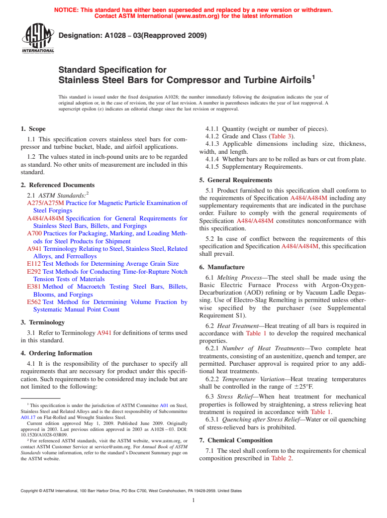 ASTM A1028-03(2009) - Standard Specification for Stainless Steel Bars for Compressor and Turbine Airfoils