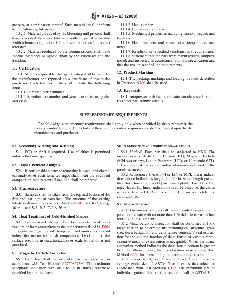 ASTM A1028-03(2009) - Standard Specification for Stainless Steel Bars for Compressor and Turbine Airfoils