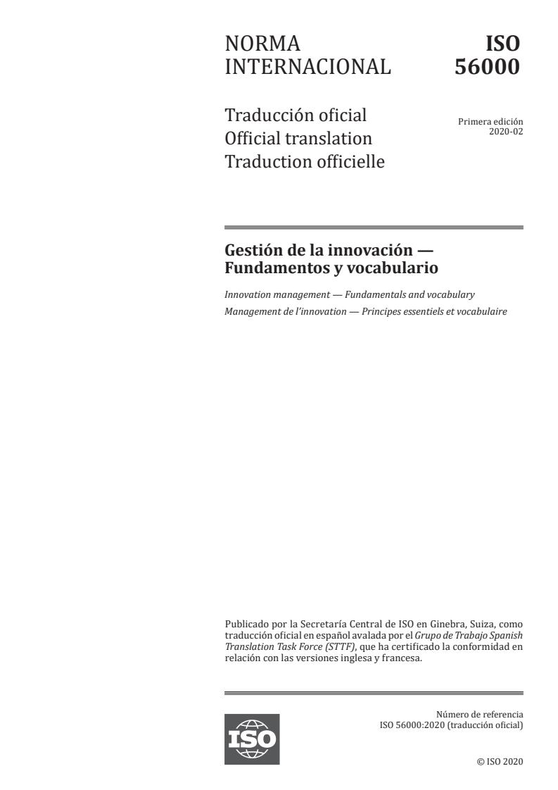 ISO 56000:2020 - Innovation management — Fundamentals and vocabulary
Released:4/14/2022
