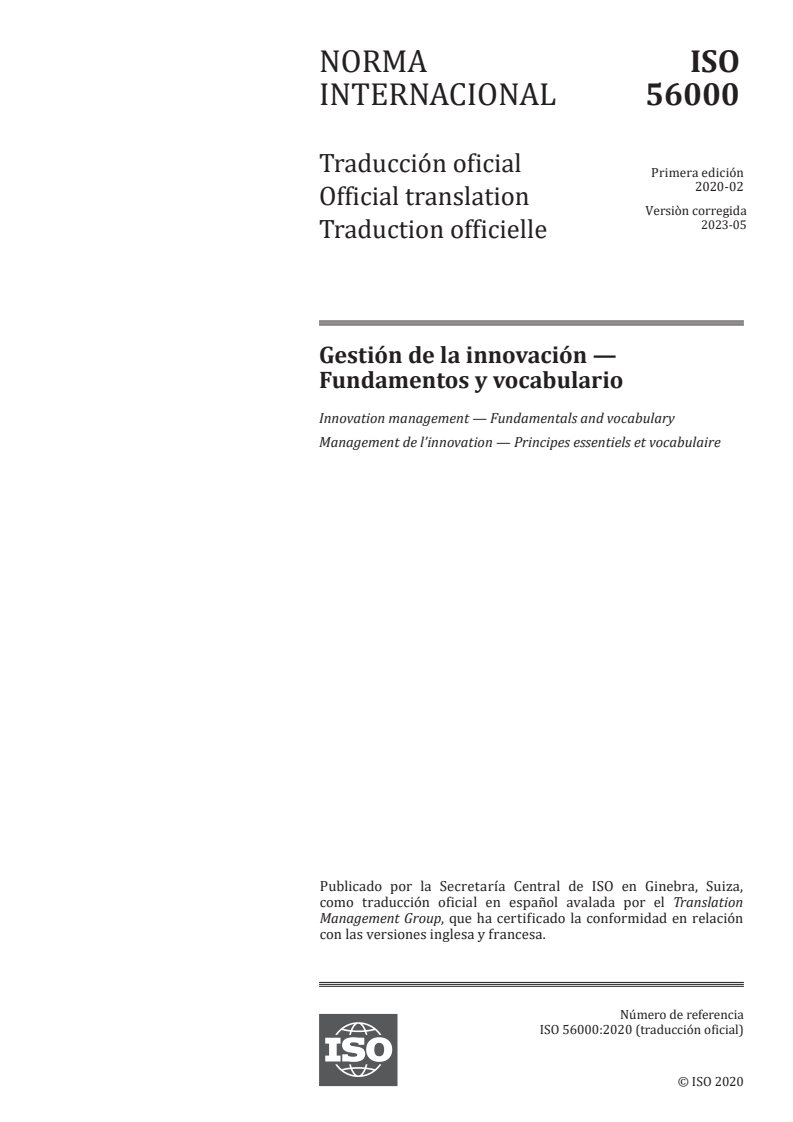 ISO 56000:2020 - Innovation management — Fundamentals and vocabulary
Released:5/9/2023