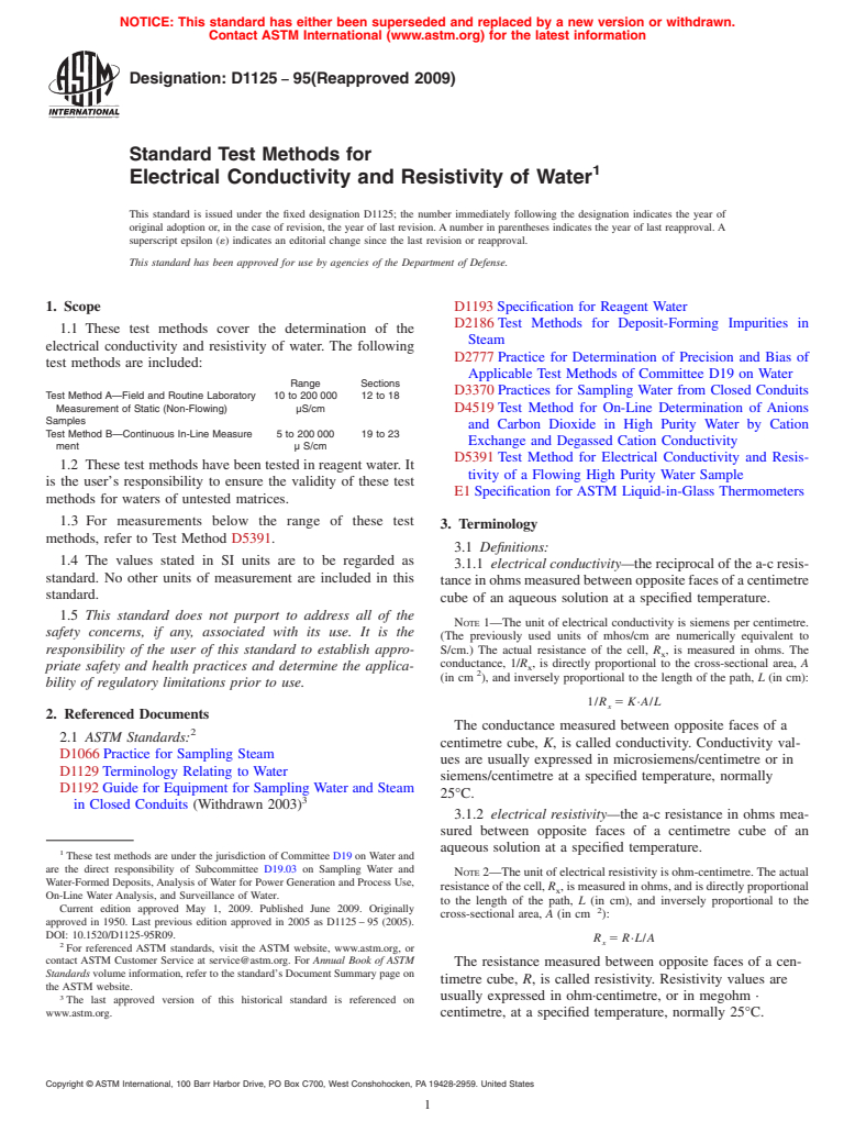 ASTM D1125-95(2009) - Standard Test Methods for Electrical Conductivity and Resistivity of Water