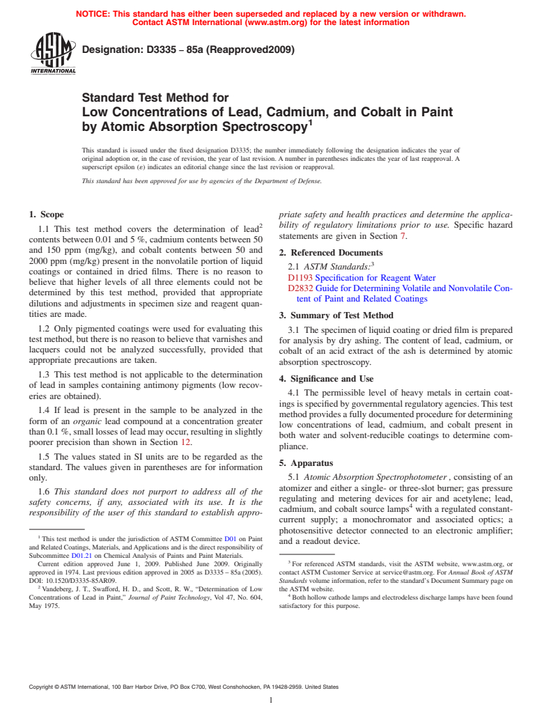 ASTM D3335-85a(2009) - Standard Test Method for Low Concentrations of Lead, Cadmium, and Cobalt in Paint by Atomic Absorption Spectroscopy