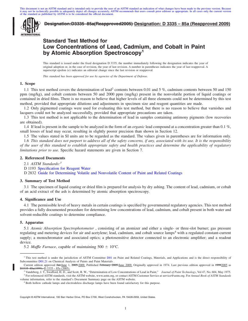 REDLINE ASTM D3335-85a(2009) - Standard Test Method for Low Concentrations of Lead, Cadmium, and Cobalt in Paint by Atomic Absorption Spectroscopy