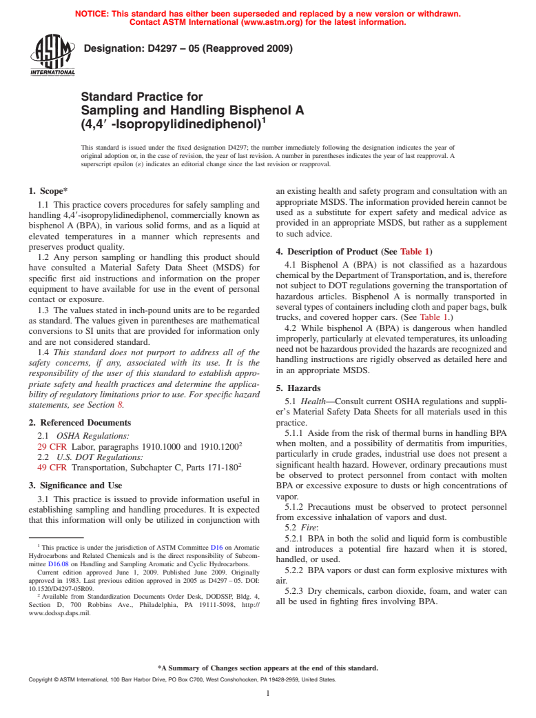 ASTM D4297-05(2009) - Standard Practice for Sampling and Handling Bisphenol A (4,4' -Isopropylidinediphenol)