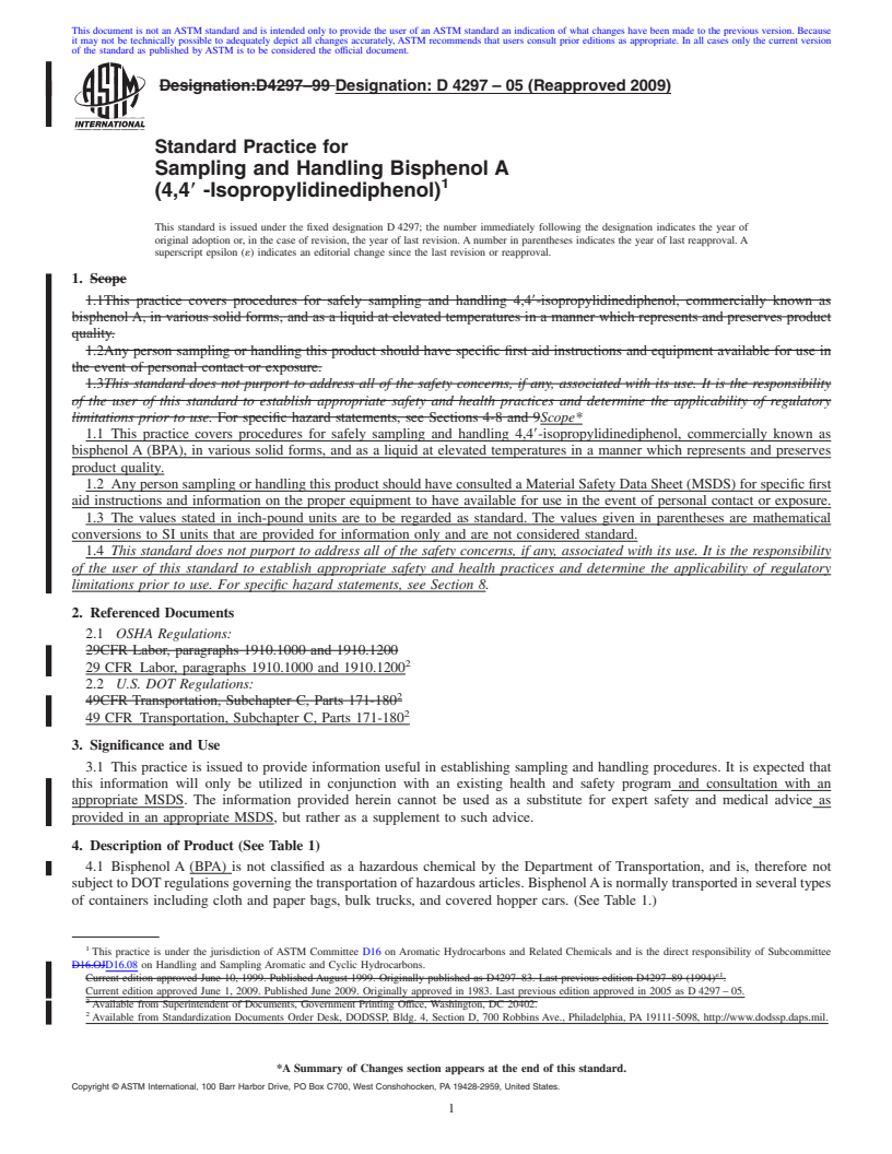 REDLINE ASTM D4297-05(2009) - Standard Practice for Sampling and Handling Bisphenol A (4,4' -Isopropylidinediphenol)