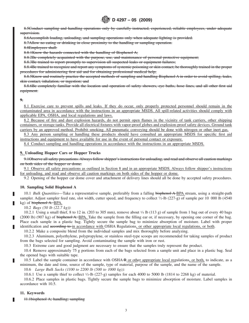 REDLINE ASTM D4297-05(2009) - Standard Practice for Sampling and Handling Bisphenol A (4,4' -Isopropylidinediphenol)