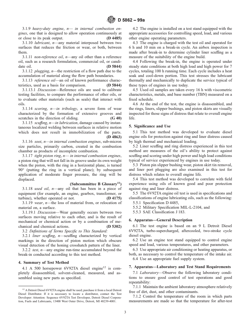 ASTM D5862-99a - Standard Test Method for Evaluation of Engine Oils in Two-Stroke Cycle Turbo-Supercharged 6V92TA Diesel Engine