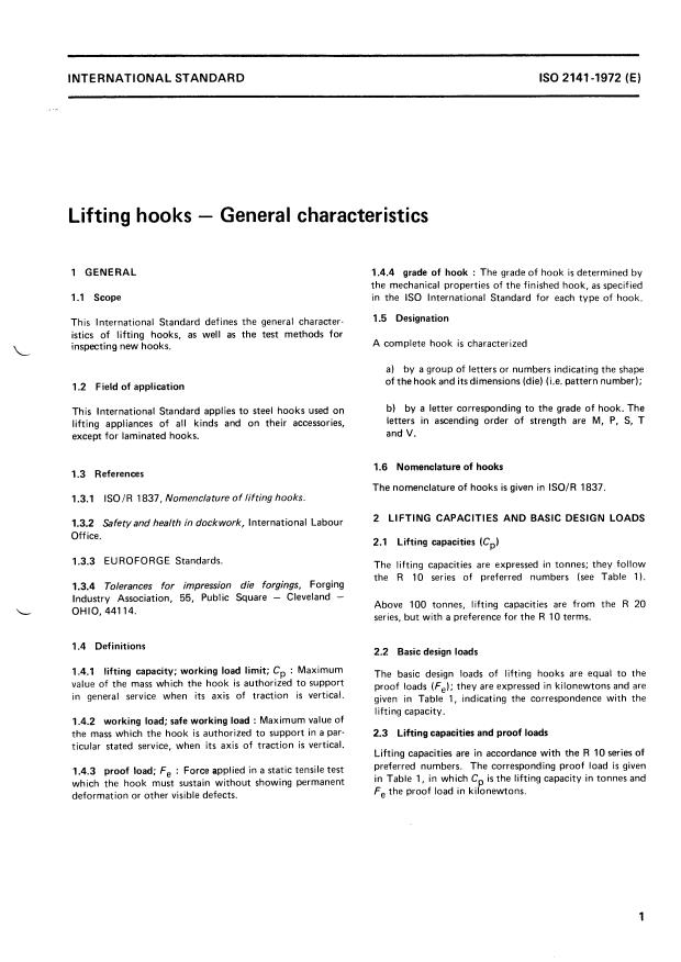 ISO 2141:1972 - Lifting hooks -- General characteristics