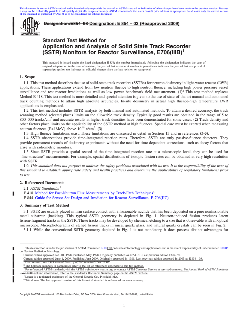 REDLINE ASTM E854-03(2009) - Standard Test Method for Application and Analysis of Solid State Track Recorder (SSTR) Monitors for Reactor Surveillance, E706(IIIB)