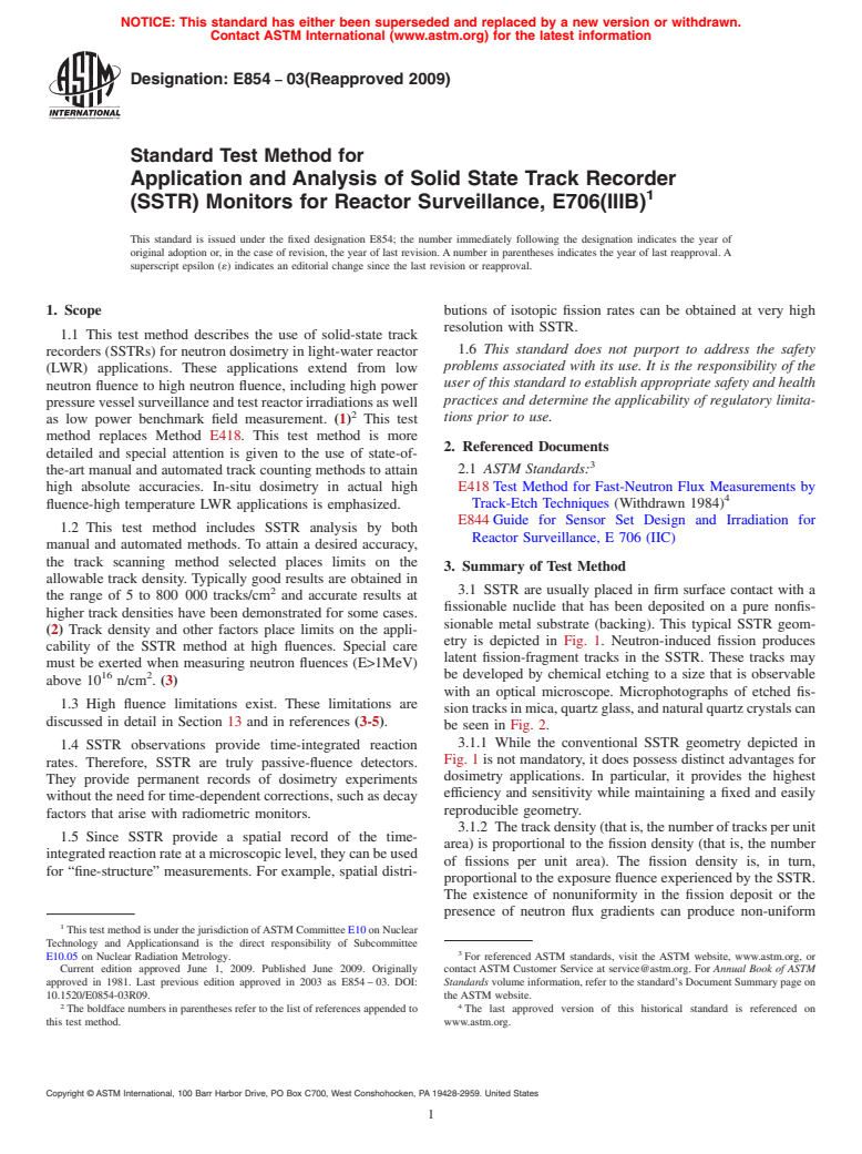 ASTM E854-03(2009) - Standard Test Method for Application and Analysis of Solid State Track Recorder (SSTR) Monitors for Reactor Surveillance, E706(IIIB)