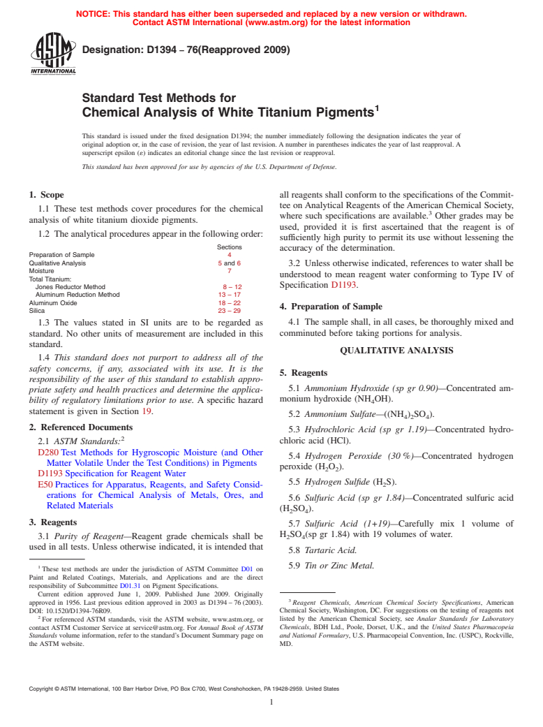 ASTM D1394-76(2009) - Standard Test Methods for Chemical Analysis of White Titanium Pigments