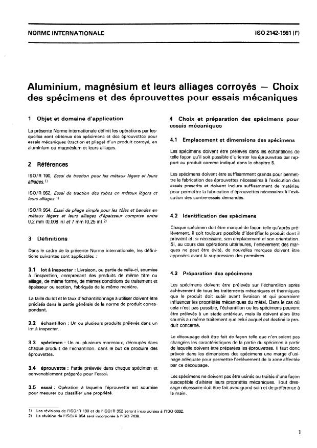 ISO 2142:1981 - Aluminium, magnésium et leurs alliages corroyés -- Choix des spécimens et des éprouvettes pour essais mécaniques