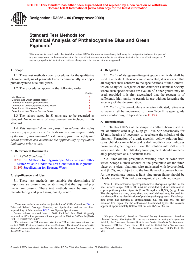 ASTM D3256-86(2009) - Standard Test Methods for Chemical Analysis of Phthalocyanine Blue and Green Pigments