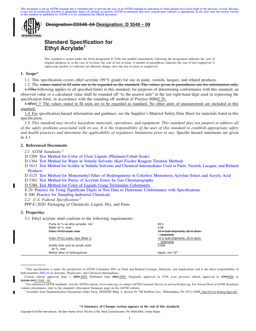 REDLINE ASTM D3548-09 - Standard Specification for Ethyl Acrylate