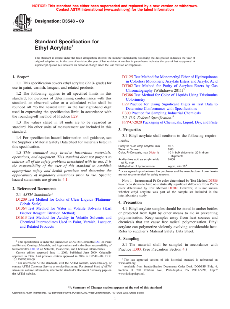 ASTM D3548-09 - Standard Specification for Ethyl Acrylate