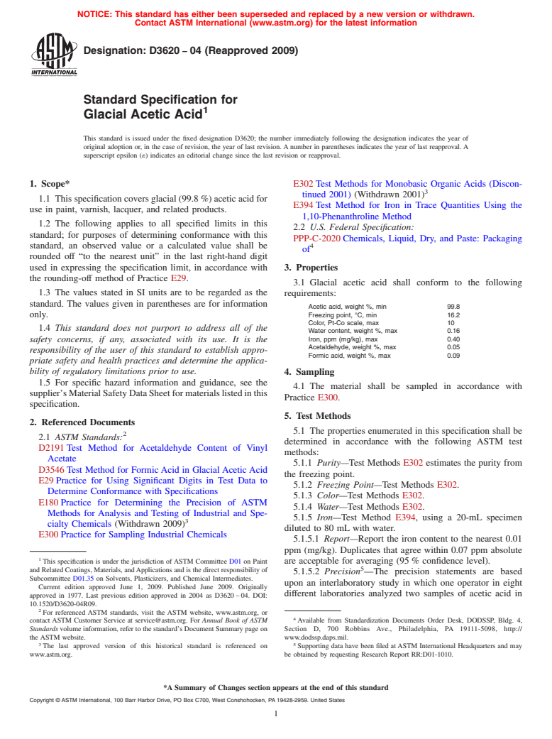 ASTM D3620-04(2009) - Standard Specification for Glacial Acetic Acid