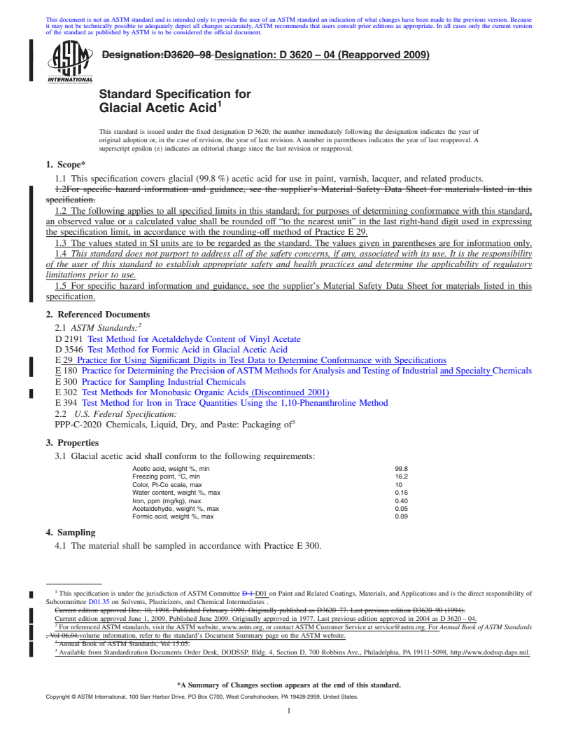 REDLINE ASTM D3620-04(2009) - Standard Specification for Glacial Acetic Acid