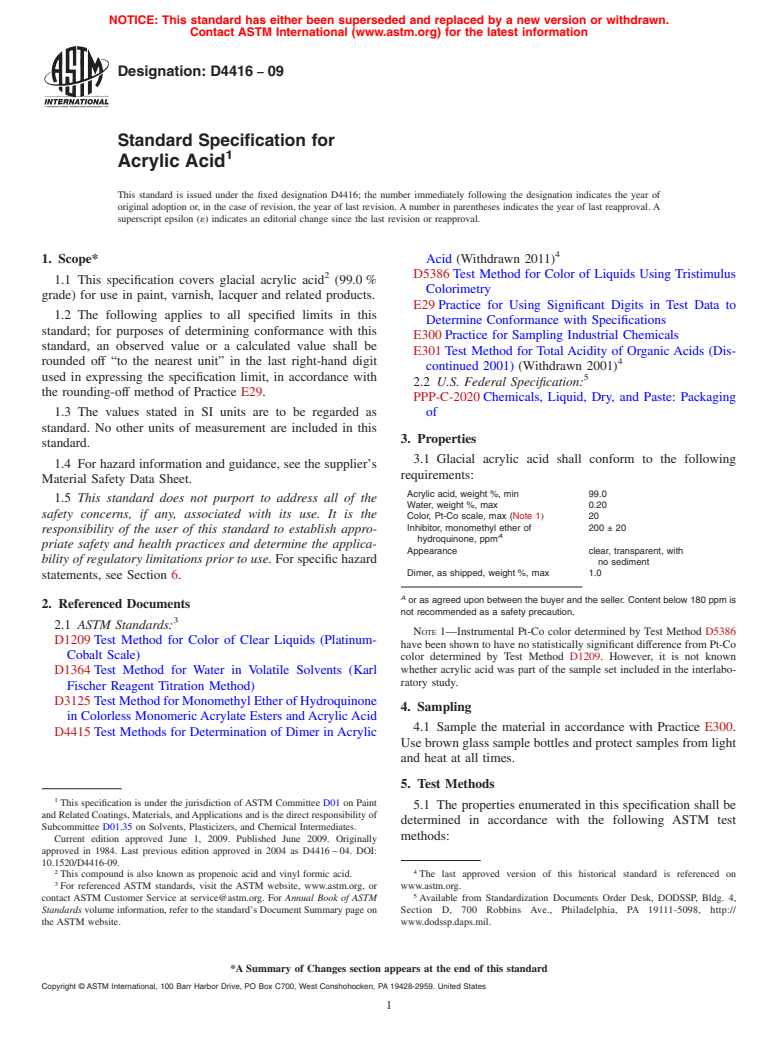 ASTM D4416-09 - Standard Specification for Acrylic Acid