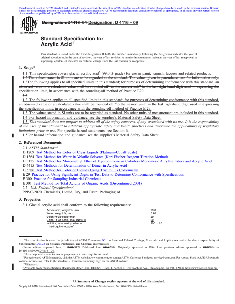 REDLINE ASTM D4416-09 - Standard Specification for Acrylic Acid