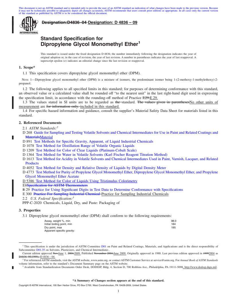 REDLINE ASTM D4836-09 - Standard Specification for Dipropylene Glycol Monomethyl Ether