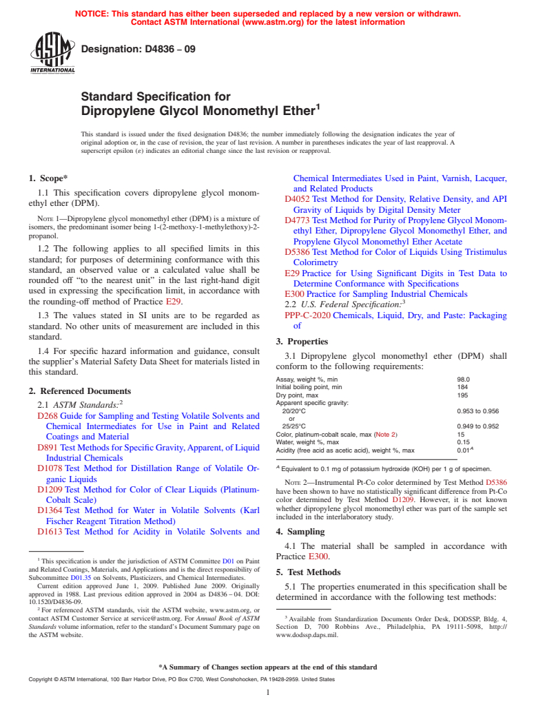 ASTM D4836-09 - Standard Specification for Dipropylene Glycol Monomethyl Ether